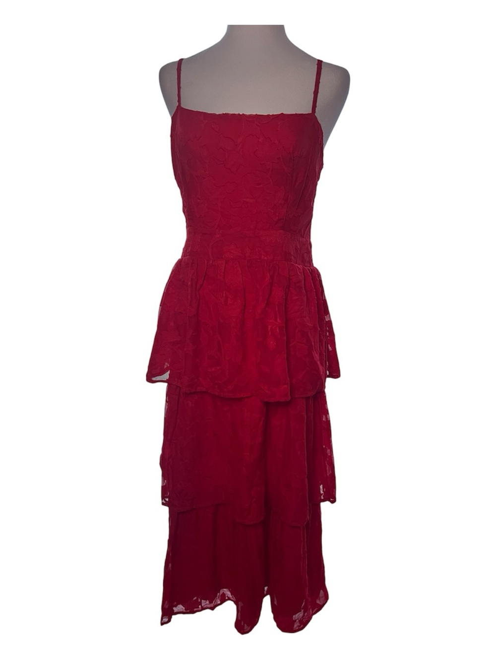 Lulu's Red Tiered Lace Maxi Dress with Spaghetti Straps Large